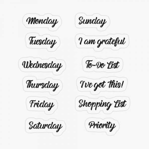 Days Of The Week Black Cursive Font Sticker Set